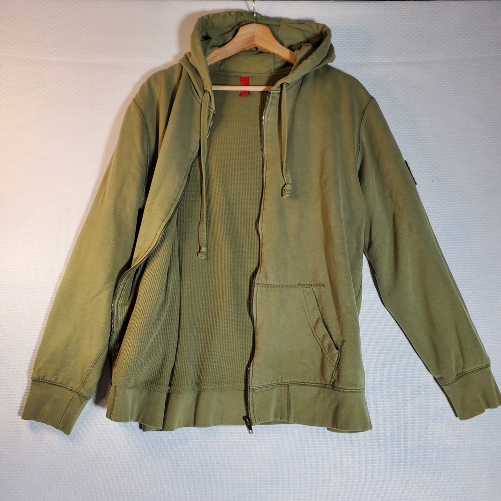 Mens Olive Green Full Zip Thermal Lined Hoodie Star Patch XL Grunge Streetwear